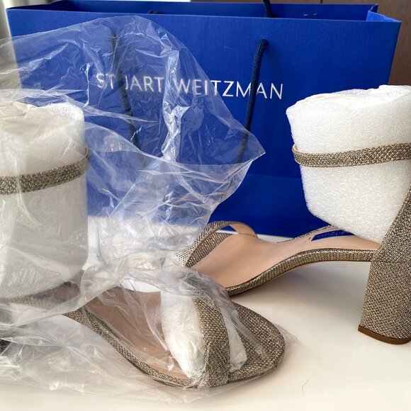 Stuart Weitzman Womens Gold Ankle Strap Glitter  Block Heel - Picture 4 of 5